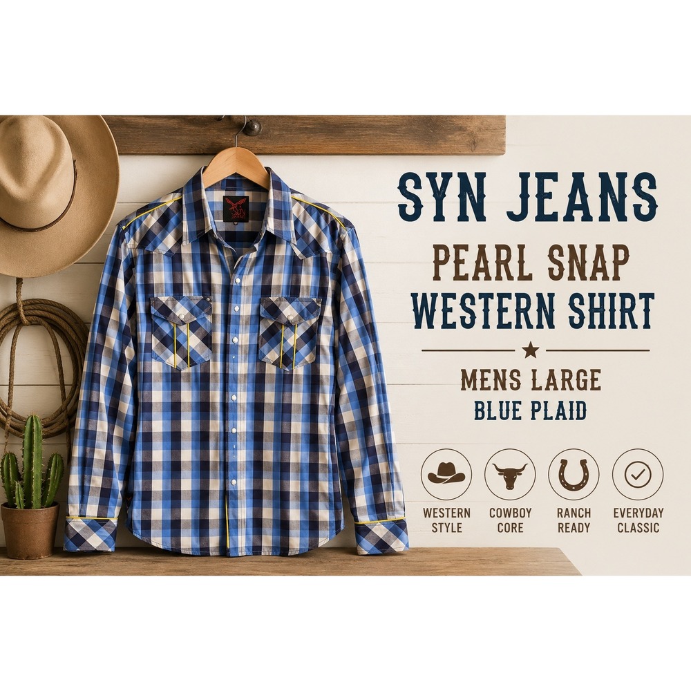 SYN Jeans Pearl Snap Western Shirt Mens L Blue Plaid Cowboy Ranchwear Y2K